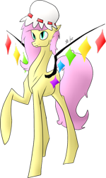 Size: 1024x1710 | Tagged: safe, artist:breeoche, imported from derpibooru, fluttershy, bat pony, bat ponified, clothes, cosplay, costume, female, flandershy, flandre scarlet, flutterbat, hat, long legs, mare, race swap, simple background, slim, solo, sternocleidomastoid, tall, thin, touhou, transparent background