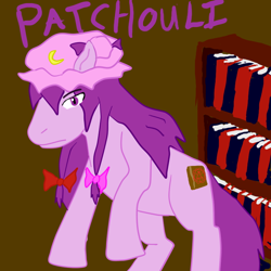 Size: 750x750 | Tagged: safe, artist:sonicchica, imported from derpibooru, pony, bookshelf, brown background, female, library, mare, patchouli knowledge, ponified, simple background, solo, touhou