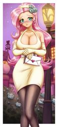 Size: 1888x4096 | Tagged: safe, artist:king-kakapo, artist:rileyav, imported from derpibooru, fluttershy, human, adorasexy, big breasts, blushing, breasts, busty fluttershy, cleavage, clothes, colored, commission, cute, dress, ear piercing, earring, evening gloves, female, flower, flower in hair, gloves, humanized, jewelry, long gloves, looking at you, piercing, purse, sexy, shyabetes, solo, stockings, thigh highs, wavy mouth