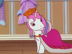 Size: 960x720 | Tagged: safe, imported from derpibooru, screencap, baby moondancer, pony, unicorn, escape from catrina, my little pony 'n friends, baby, baby pony, cape, clothes, crown, dressup, female, filly, foal, g1, jewelry, regalia, solo