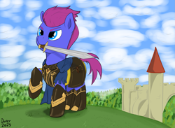 Size: 2031x1486 | Tagged: safe, artist:bigboydover, imported from derpibooru, oc, oc:bristle star, earth pony, pony, armor, armored pony, capcom, cape, castle, clothes, cloud, dragon's dogma, fantasy, mountain, mouth hold, mystic knight, sword, weapon