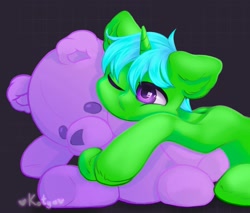 Size: 2403x2048 | Tagged: safe, imported from derpibooru, oc, oc:green byte, pony, unicorn, commission, male, plushie, simple background, solo, stallion, teddy bear, ych result