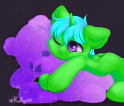 Size: 2403x2048 | Tagged: safe, alternate version, imported from derpibooru, oc, oc:green byte, pony, unicorn, commission, male, plushie, simple background, solo, stallion, teddy bear, ych result