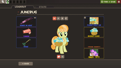 Size: 1360x768 | Tagged: safe, imported from derpibooru, amethyst star, junebug, sparkler, oc, oc:filly anon, earth pony, unicorn, /mlp/ tf2 general, basket, female, filly, flamethrower, flower, food, hud, looking at you, mare, party cannon, rake, sandwich, smiling, smiling at you, snowpity, team fortress 2, weapon