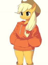 Size: 1535x2048 | Tagged: safe, artist:cheesesauce_45, imported from derpibooru, applejack, anthro, earth pony, clothes, cute, eyebrows, eyebrows visible through hair, female, hand in pocket, hoodie, jackabetes, mare, simple background, smiling, solo, yellow background