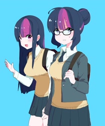 Size: 1713x2048 | Tagged: safe, artist:cheesesauce_45, imported from derpibooru, sci-twi, twilight sparkle, human, anime style, backpack, blue background, breasts, busty twilight sparkle, clothes, duo, female, holding hands, humanized, light skin, necktie, open mouth, open smile, school uniform, simple background, smiling, sweat, sweatdrop, sweater vest, twolight