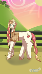 Size: 962x1680 | Tagged: safe, artist:cutiechimereon, imported from derpibooru, oc, oc only, oc:caramel apple, earth pony, pony, clothes, cowboy hat, female, fence, freckles, hat, mare, offspring, parent:big macintosh, parent:fluttershy, parents:fluttermac, plaid shirt, shirt, solo, straw in mouth, sun, sunset