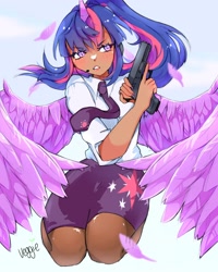 Size: 2000x2500 | Tagged: safe, artist:v_ggie, imported from derpibooru, twilight sparkle, alicorn, human, clothes, dark skin, glock, gun, handgun, headset, horn, horned humanization, humanized, miniskirt, necktie, pantyhose, pistol, signature, simple background, skirt, twilight sparkle (alicorn), weapon, white background, white shirt