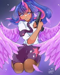 Size: 2000x2500 | Tagged: safe, artist:v_ggie, imported from derpibooru, twilight sparkle, alicorn, human, clothes, dark skin, glock, gradient background, gun, handgun, headset, horn, horned humanization, humanized, miniskirt, necktie, pantyhose, pistol, signature, simple background, skirt, twilight sparkle (alicorn), weapon, white shirt