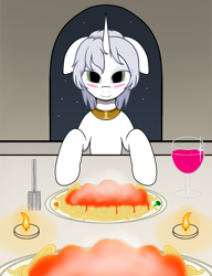 Size: 2000x2600 | Tagged: safe, imported from derpibooru, oc, oc:κασσάνδρα, alicorn, pony, alicorn oc, candle, floppy ears, food, fork, glass, horn, pasta, spaghetti, wine glass, wings