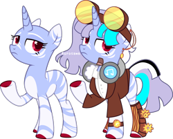 Size: 2926x2351 | Tagged: safe, artist:kurosawakuro, imported from derpibooru, oc, oc only, pony, unicorn, bandage, bandaid, base used, clothes, coat, colored hooves, ear piercing, earring, female, goggles, headphones, horn, jewelry, lidded eyes, mare, missing cutie mark, pale belly, piercing, raised hoof, red eyes, simple background, solo, standing, transparent background, unicorn oc, watch, zebra stripes