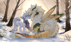 Size: 4839x2867 | Tagged: safe, artist:kez, imported from derpibooru, oc, oc only, oc:season's greetings, oc:yiazmat, draconequus, unicorn, clothes, couple, date, draconequus oc, duo, female, forest, horn, horns, male, scar, scarf, shipping, snow, snowfall, tail, unicorn oc