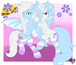 Size: 2194x1893 | Tagged: safe, artist:gnashie, imported from derpibooru, oc, oc only, oc:winter belle, oc:winter breeze, bat pony, unicorn, abstract background, bat pony oc, belly button, bipedal, chest fluff, clothes, ear fluff, ear piercing, earring, grin, horn, jewelry, looking at you, one eye closed, piercing, smiling, socks, striped socks, unicorn oc, wings, wink