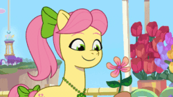 Size: 800x450 | Tagged: safe, imported from derpibooru, screencap, izzy moonbow, earth pony, pony, unicorn, spoiler:g5, spoiler:my little pony: tell your tale, spoiler:tyts01e44, animated, annoyed, card, eyes closed, female, flower, frown, g5, gif, mare, my little pony: tell your tale, posey bloom, secret ad-mare-er, smell, smelling, valentine's day card