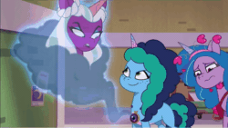 Size: 1280x720 | Tagged: safe, imported from derpibooru, screencap, izzy moonbow, opaline arcana, alicorn, earth pony, pony, unicorn, spoiler:g5, spoiler:my little pony: tell your tale, spoiler:tyts01e44, absurd file size, absurd gif size, amulet, animated, eyeroll, female, freckles, g5, gif, heart, hologram, jewelry, magic, mare, medallion, misty brightdawn, my little pony: tell your tale, opabitch, open mouth, open smile, secret ad-mare-er, smiling, trio, trio female, wavy mouth, wreath