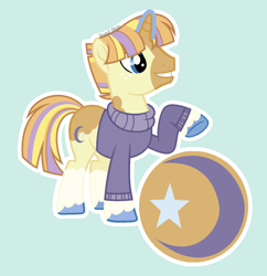 Size: 1370x1417 | Tagged: safe, artist:pastelnightyt, imported from derpibooru, oc, oc only, oc:bright moon, pony, unicorn, clothes, green background, male, offspring, parent:moondancer, parent:star tracker, parents:moontracker, simple background, solo, stallion, sweater