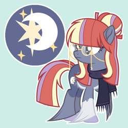 Size: 2362x2362 | Tagged: safe, artist:pastelnightyt, imported from derpibooru, oc, oc only, oc:sparkling night, earth pony, pony, clothes, female, glasses, green background, mare, offspring, parent:moondancer, parent:star tracker, parents:moontracker, scarf, simple background, solo