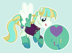 Size: 2220x1654 | Tagged: safe, artist:pastelnightyt, imported from derpibooru, oc, oc only, oc:heartfelt serenade, pegasus, pony, clothes, green background, magical lesbian spawn, male, offspring, parent:coloratura, parent:songbird serenade, parents:colorenade, shirt, simple background, solo, stallion
