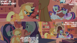 Size: 2000x1125 | Tagged: safe, edit, edited screencap, editor:quoterific, imported from derpibooru, screencap, applejack, rarity, twilight sparkle, earth pony, pony, unicorn, look before you sleep, angry, applejack is not amused, applejack's hat, baffled, cowboy hat, eyes closed, female, freckles, golden oaks library, gritted teeth, hat, mare, mud mask, open mouth, raised hoof, smiling, teeth, text, trio, trio female, unamused, unicorn twilight