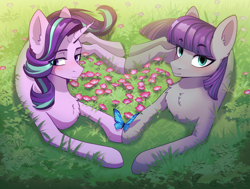 Size: 2150x1623 | Tagged: safe, artist:glumarkoj, imported from derpibooru, maud pie, starlight glimmer, butterfly, earth pony, pony, unicorn, blushing, commission, cute, duo, duo female, eyeshadow, female, flower, grass, grass field, heart, holding hooves, hoofsies, hooves together, lesbian, lidded eyes, lying down, makeup, outdoors, shipping, shy, smiling, starmaud