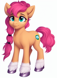 Size: 704x960 | Tagged: safe, imported from derpibooru, sunny starscout, earth pony, pony, ai content, ai generated, cute, female, g5, generator:stable diffusion, my little pony: a new generation, simple background, solo, unshorn fetlocks, white background, wrong cutie mark