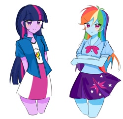 Size: 840x812 | Tagged: safe, artist:rainn__1026, imported from derpibooru, rainbow dash, twilight sparkle, human, equestria girls, clothes, clothes swap, duo, female, simple background, skirt, white background