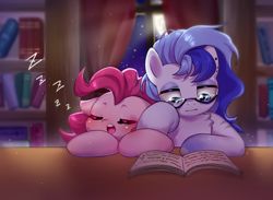 Size: 2656x1940 | Tagged: artist needed, safe, imported from derpibooru, pinkie pie, oc, oc:rayfrok, earth pony, pony, book, bookshelf, duo, glasses, moon, moonlight, onomatopoeia, sound effects, stars, window, zzz