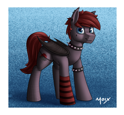 Size: 4291x4000 | Tagged: safe, artist:supermoix, imported from derpibooru, oc, oc:hunter blood moon, bat pony, pony, choker, clothes, crossdressing, cute, emo, fishnets, looking at you, simple background, socks, solo, spiked choker, standing, stockings, striped socks, thigh highs