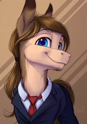 Size: 2480x3508 | Tagged: safe, artist:klarapl, imported from derpibooru, oc, oc only, oc:aed, earth pony, pony, abstract background, clothes, earth pony oc, hairband, long mane, male, necktie, ponytail, smiling, solo, stallion, suit