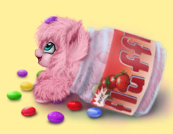 Size: 2512x1950 | Tagged: safe, artist:polnocnykot, imported from derpibooru, oc, oc only, oc:fluffle puff, pony, candy, cute, flufflebetes, fluffy, food, funny, ocbetes, open mouth, pony in a bottle, simple background, skittles, smiling, solo, yellow background