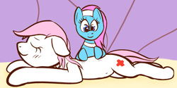 Size: 1782x892 | Tagged: safe, anonymous artist, imported from derpibooru, lotus blossom, nurse redheart, earth pony, pony, belly, belly button, blushing, drawthread, duo, duo female, eyes closed, female, lying down, mare, massage, prone, smiling