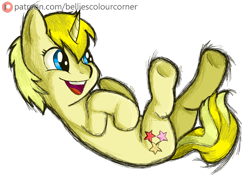 Size: 2920x2080 | Tagged: safe, artist:trr_bc, imported from derpibooru, oc, oc only, pony, unicorn, blue eyes, hooves, horn, male, simple background, smiling, solo, stars, transparent background, unicorn oc, yellow hair