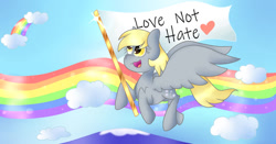 Size: 1024x537 | Tagged: safe, artist:midnightauroraarts, imported from derpibooru, derpy hooves, pegasus, pony, 2020, cloud, female, flag, heart, mare, mountain, old art, rainbow, sky