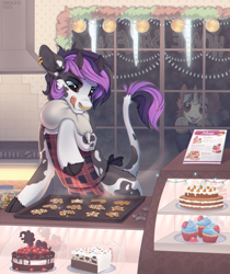 Size: 2852x3400 | Tagged: safe, artist:trickate, imported from derpibooru, oc, oc only, oc:jericho, oc:trickate, bull, pony, unicorn, bakery, baking, bovine, bull horns, cake, christmas, christmas lights, cookie, cupcake, female, food, holiday, horn, horns, icing bag, leg hold, male, non-pony oc, stove, tongue out, underhoof, unicorn oc