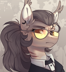 Size: 1054x1160 | Tagged: safe, artist:trickate, imported from derpibooru, oc, oc only, oc:dima, pegasus, pony, bust, clothes, ear fluff, ear piercing, glasses, looking at you, pegasus oc, piercing, ponytail, solo