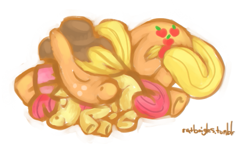 Size: 511x314 | Tagged: safe, artist:zombimonster, imported from derpibooru, apple bloom, applejack, earth pony, pony, apple bloom's bow, apple sisters, applejack's hat, bow, cowboy hat, duo, duo female, female, filly, foal, hair bow, hat, mare, siblings, simple background, sisters, sleeping, white background