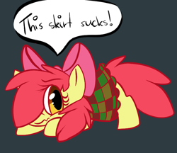 Size: 694x600 | Tagged: safe, artist:firepainter65, imported from derpibooru, apple bloom, earth pony, pony, apple bloom's bow, black background, bow, clothes, dialogue, female, filly, foal, hair bow, simple background, skirt, solo, speech bubble, text, vulgar