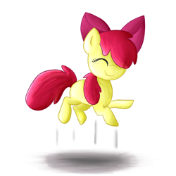 Size: 1024x1024 | Tagged: safe, artist:firepainter65, imported from derpibooru, apple bloom, earth pony, pony, adorabloom, apple bloom's bow, bow, cute, eyes closed, female, filly, foal, hair bow, happy, jumping, simple background, smiling, solo, white background