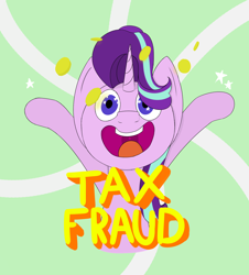 Size: 1900x2100 | Tagged: safe, artist:kanw, derpibooru exclusive, imported from derpibooru, starlight glimmer, pony, unicorn, bits, happy, hooves up, open mouth, solo, tax evasion, text, this will end in jail time, uvula