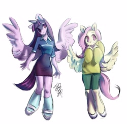 Size: 1600x1600 | Tagged: safe, artist:kesakesova, imported from derpibooru, fluttershy, twilight sparkle, alicorn, anthro, pegasus, unguligrade anthro, duo, female, simple background, spread wings, twilight sparkle (alicorn), white background, wings