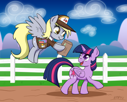 Size: 1200x960 | Tagged: safe, artist:empyu, imported from derpibooru, derpy hooves, twilight sparkle, alicorn, pegasus, pony, bag, cloud, delivery, delivery pony, duo, fence, hat, looking at each other, looking at someone, looking back, mailbag, mailmare, open mouth, twilight sparkle (alicorn)