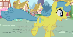 Size: 1123x565 | Tagged: safe, imported from derpibooru, screencap, lemon hearts, lyra heartstrings, pony, unicorn, applebuck season, season 1, alternate eye color, animation error, background pony, credits, cropped, eyeshadow, galloping, house, makeup, panicking, ponyville, running, scared, screaming, solo focus, text, wrong eye color