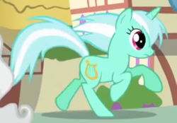 Size: 317x220 | Tagged: safe, imported from derpibooru, screencap, lyra heartstrings, pony, unicorn, applebuck season, season 1, alternate hairstyle, animation error, background pony, cropped, female, galloping, mare, ponyville, running, solo, solo focus, wrong eye color