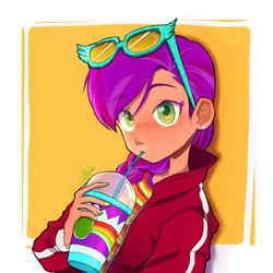 Size: 1080x1080 | Tagged: safe, artist:astrid545269, imported from derpibooru, sunny starscout, human, equestria girls, blushing, bust, clothes, cute, drink, drinking, ear piercing, earring, equestria girls (g5), eyebrows, eyebrows visible through hair, female, freckles, g5, glasses, jewelry, piercing, solo, straw, sunnybetes, sweater