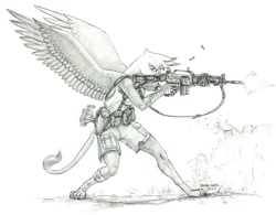 Size: 1500x1169 | Tagged: safe, artist:baron engel, imported from derpibooru, gilda, anthro, digitigrade anthro, griffon, amputee, assault rifle, black and white, fallout, fallout 4, female, flower, grayscale, gun, monochrome, patreon, patreon reward, pencil drawing, prosthetic arm, prosthetic limb, prosthetics, rifle, shooting, simple background, solo, spread wings, story included, traditional art, weapon, white background, wings