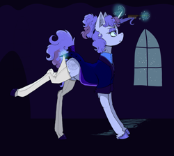 Size: 1411x1262 | Tagged: safe, artist:paskanaakka, derpibooru exclusive, imported from derpibooru, oc, oc only, oc:midnight dew, pony, unicorn, alternate timeline, brush, brushing, clothes, ear fluff, eyeshadow, female, hairbrush, lidded eyes, magic, makeup, mare, night, nightmare takeover timeline, solo, stockings, thigh highs, uniform