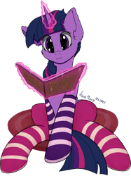 Size: 2137x2861 | Tagged: safe, alternate version, artist:aquamuro, imported from derpibooru, twilight sparkle, pony, unicorn, :3, alternate versions at source, belly, big ears, book, carpet, clothes, cute, ear fluff, female, fluffy, glowing, glowing horn, horn, magic, mare, owo, signature, simple background, sitting, sketch, slim, socks, solo, sparkly eyes, striped socks, telekinesis, thin, transparent background, twiabetes, wingding eyes