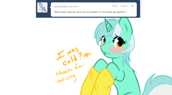 Size: 1080x600 | Tagged: safe, artist:azure-doodle, imported from derpibooru, lyra heartstrings, pony, blushing, clothes, sexually confused lyra, socks, solo