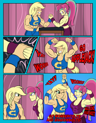 Size: 5102x6520 | Tagged: safe, artist:dncsamsonart, imported from derpibooru, applejack, sour sweet, human, equestria girls, abs, applejacked, arm wrestling, biceps, cheering, clothes, curtains, gritted teeth, muscles, shadowbolts, shorts, smiling, sour swole, sports bra, sports shorts, sweat, sweatdrop, table, teeth, vein bulge, wondercolts