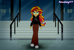 Size: 4694x3200 | Tagged: safe, artist:amgiwolf, artist:prismagalaxy514, imported from derpibooru, sunset shimmer, human, equestria girls, clothes, dark, ear piercing, earring, evil grin, eyeshadow, female, grin, high res, hoodie, human sunset, jewelry, makeup, pants, piercing, signature, smiling, sneakers, solo, wind, windswept hair